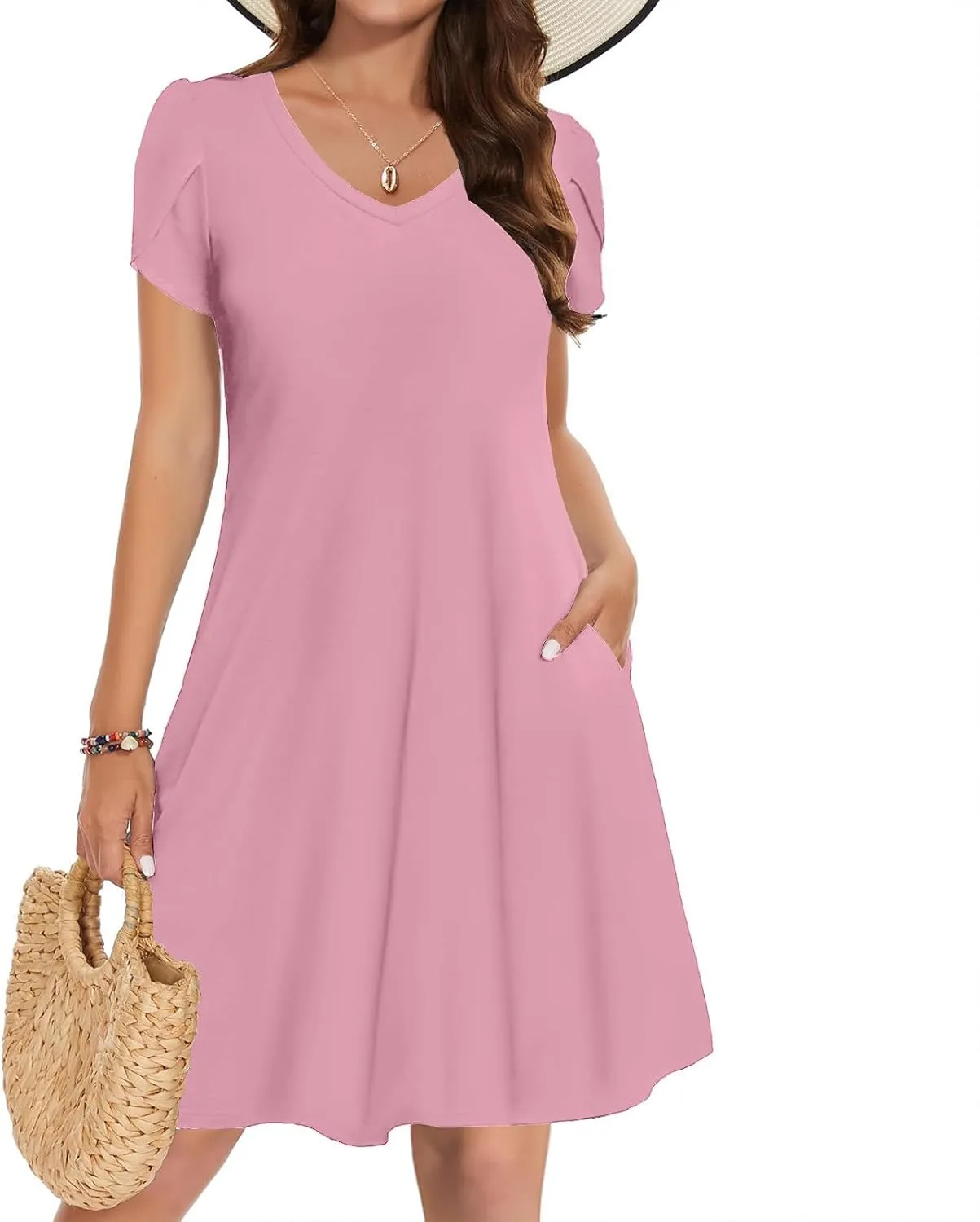Beach Dresses for Women 2025 Vacation Casual Short Sleeve Dresses Solid Color Loose Crew Neck Sundress with Pocket