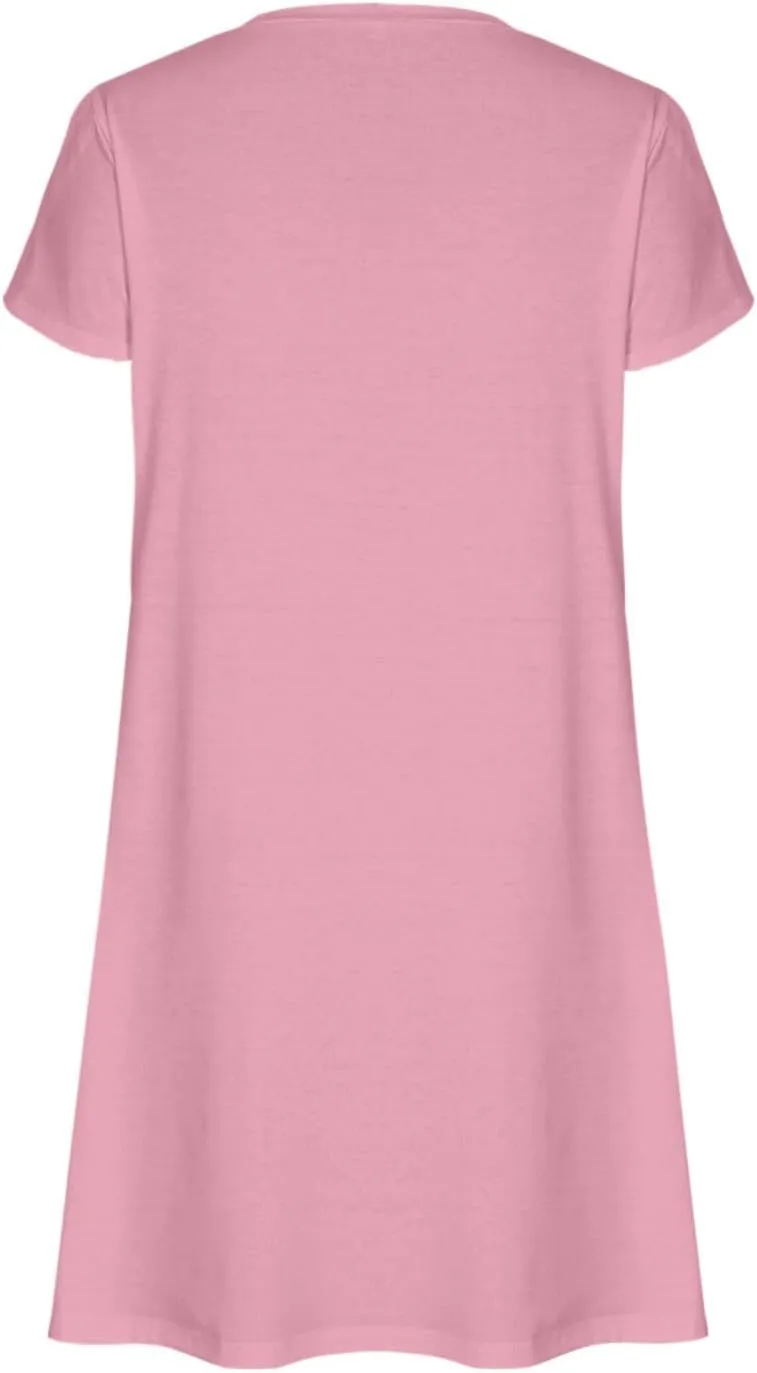 Beach Dresses for Women 2025 Vacation Casual Short Sleeve Dresses Solid Color Loose Crew Neck Sundress with Pocket