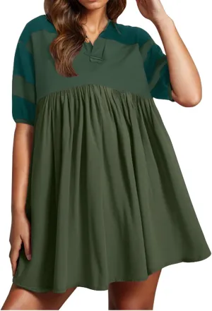 Beach Dresses for Women 2025 Vacation Casual V Neck Short Sleeve Mini Dress Soft Patchwork Dress with Buttons