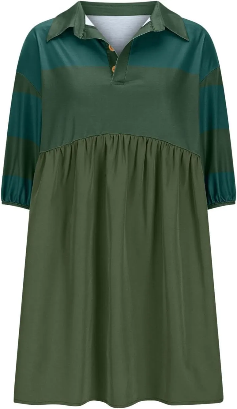Beach Dresses for Women 2025 Vacation Casual V Neck Short Sleeve Mini Dress Soft Patchwork Dress with Buttons
