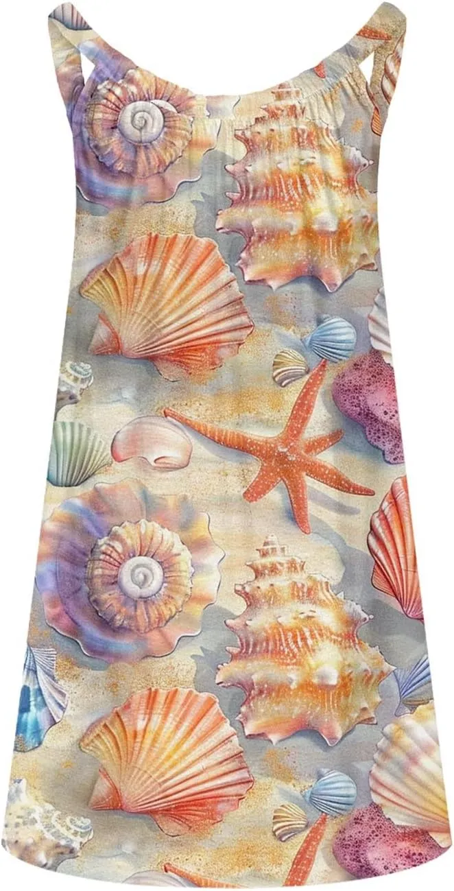Beach Dresses for Women Summer Casual Loose Round Neck Sleeveless Knee Length Sundresses Printed Dress 2024 Vacation