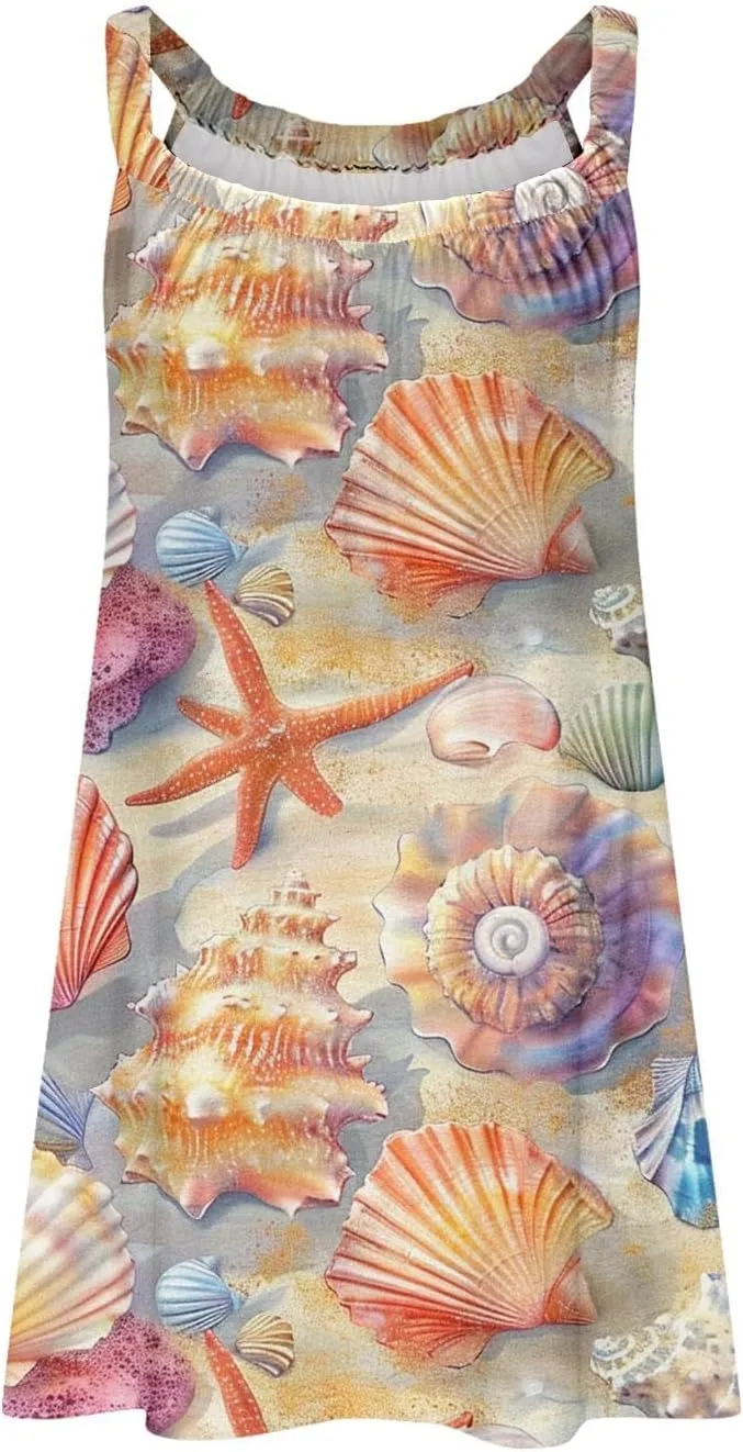 Beach Dresses for Women Summer Casual Loose Round Neck Sleeveless Knee Length Sundresses Printed Dress 2024 Vacation