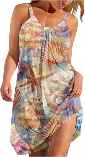 Beach Dresses for Women Summer Casual Loose Round Neck Sleeveless Knee Length Sundresses Printed Dress 2024 Vacation