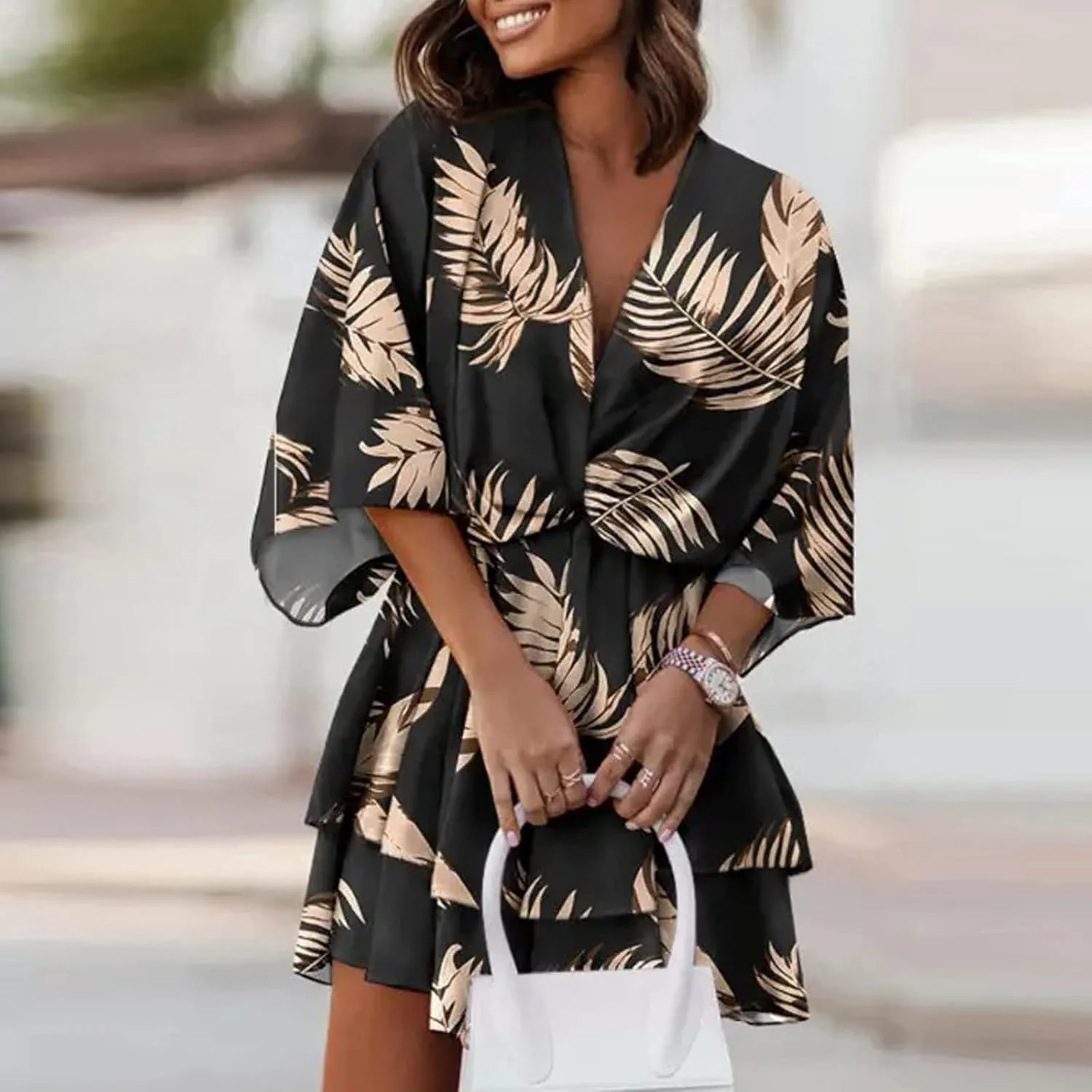 Beach Dresses for Women Vacation Short Batwing Sleeve V Neck Summer Trendy Dress Ruffle Boho Mini Sundress