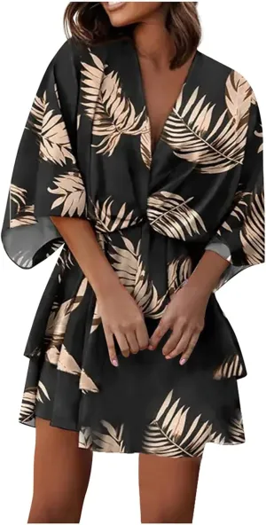 Beach Dresses for Women Vacation Short Batwing Sleeve V Neck Summer Trendy Dress Ruffle Boho Mini Sundress