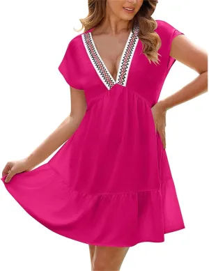 Beach Vacation Clothes for Women Fashion Casual V-Neck Ruffle Short Sleeve Dresses Beach A-Line Mini Dress Sundress