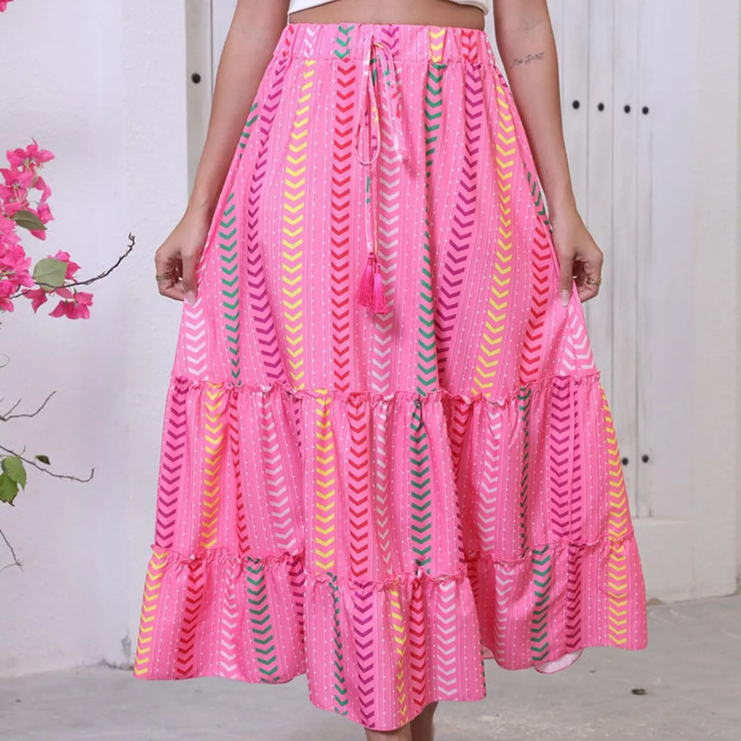 Beach Vacation Clothes for Women Summer Loose Casual Trendy Vintage Floral Printed Elastic Waist Boho Skirts, S-XL