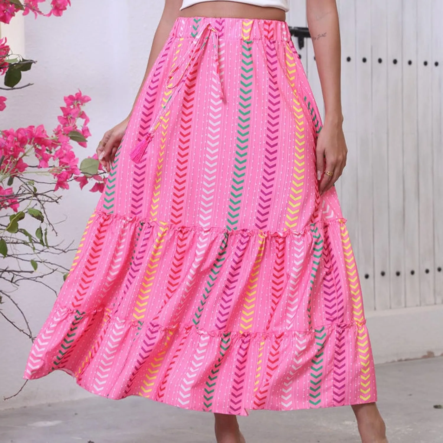 Beach Vacation Clothes for Women Summer Loose Casual Trendy Vintage Floral Printed Elastic Waist Boho Skirts, S-XL