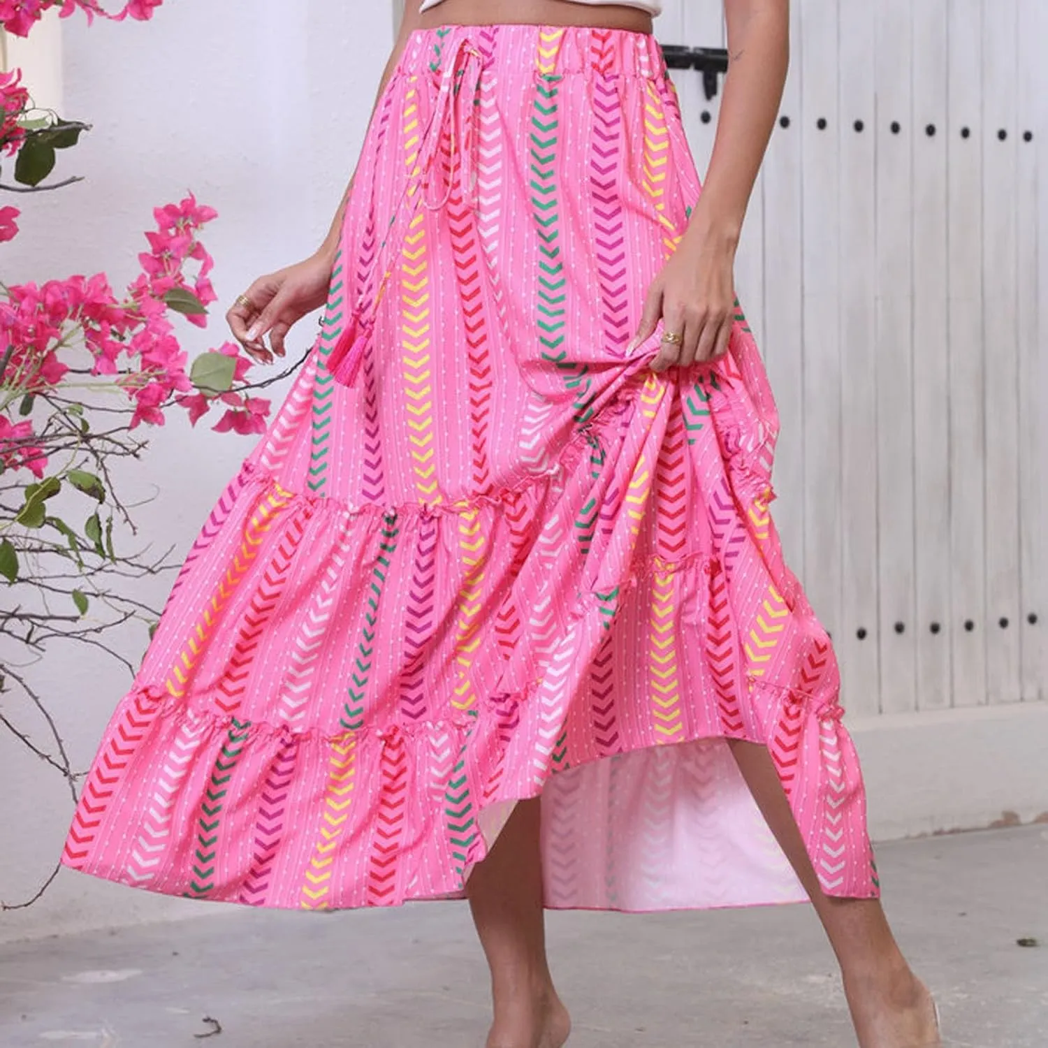Beach Vacation Clothes for Women Summer Loose Casual Trendy Vintage Floral Printed Elastic Waist Boho Skirts, S-XL