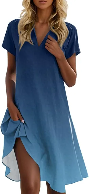 Beach Vacation Clothes for Women Womens Summer Dresses Trendy 2025 V-Neck Short Sleeve Sundress Novelty Dress