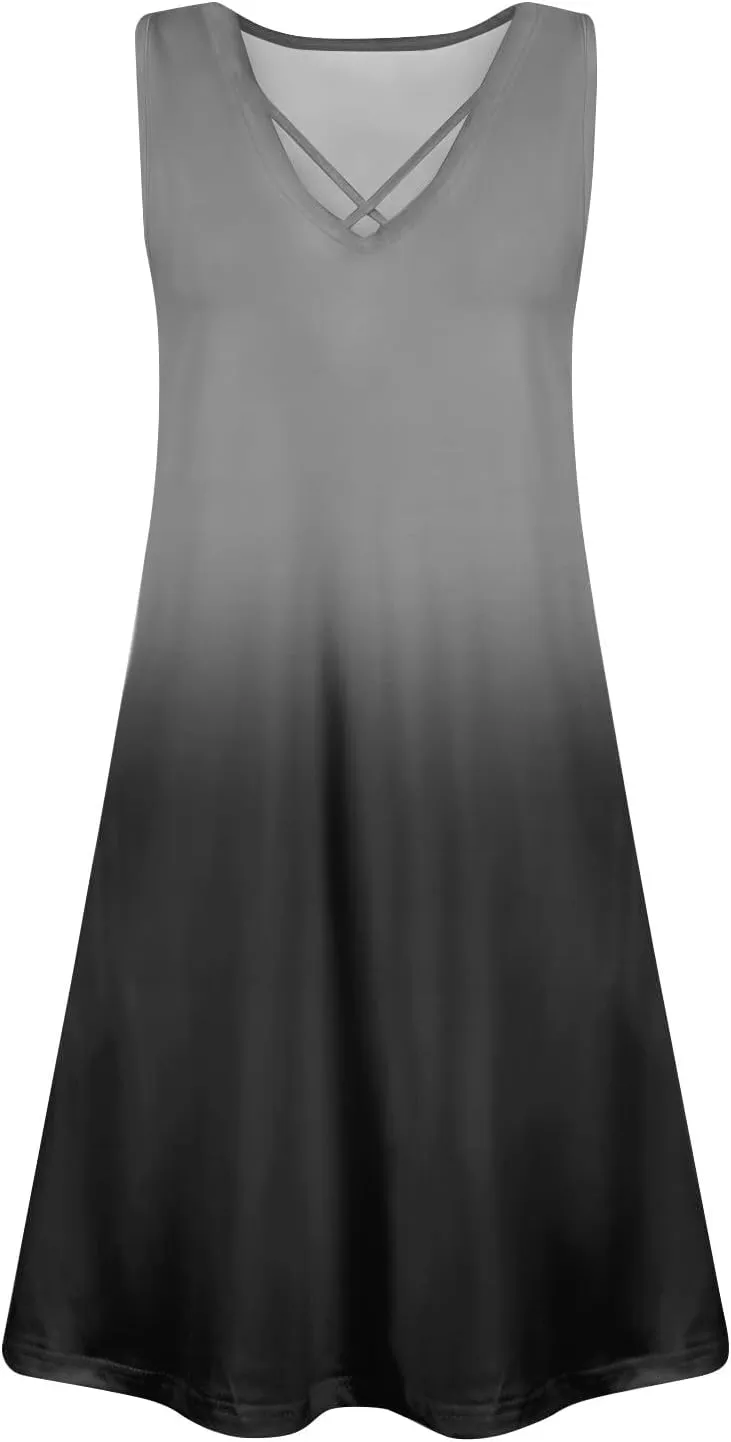 Beach Vacation Dresses Sleeveless V Neck Gradient Boho Vintage Flowy Tank Mini Dress 2025 Summer, S-3XL