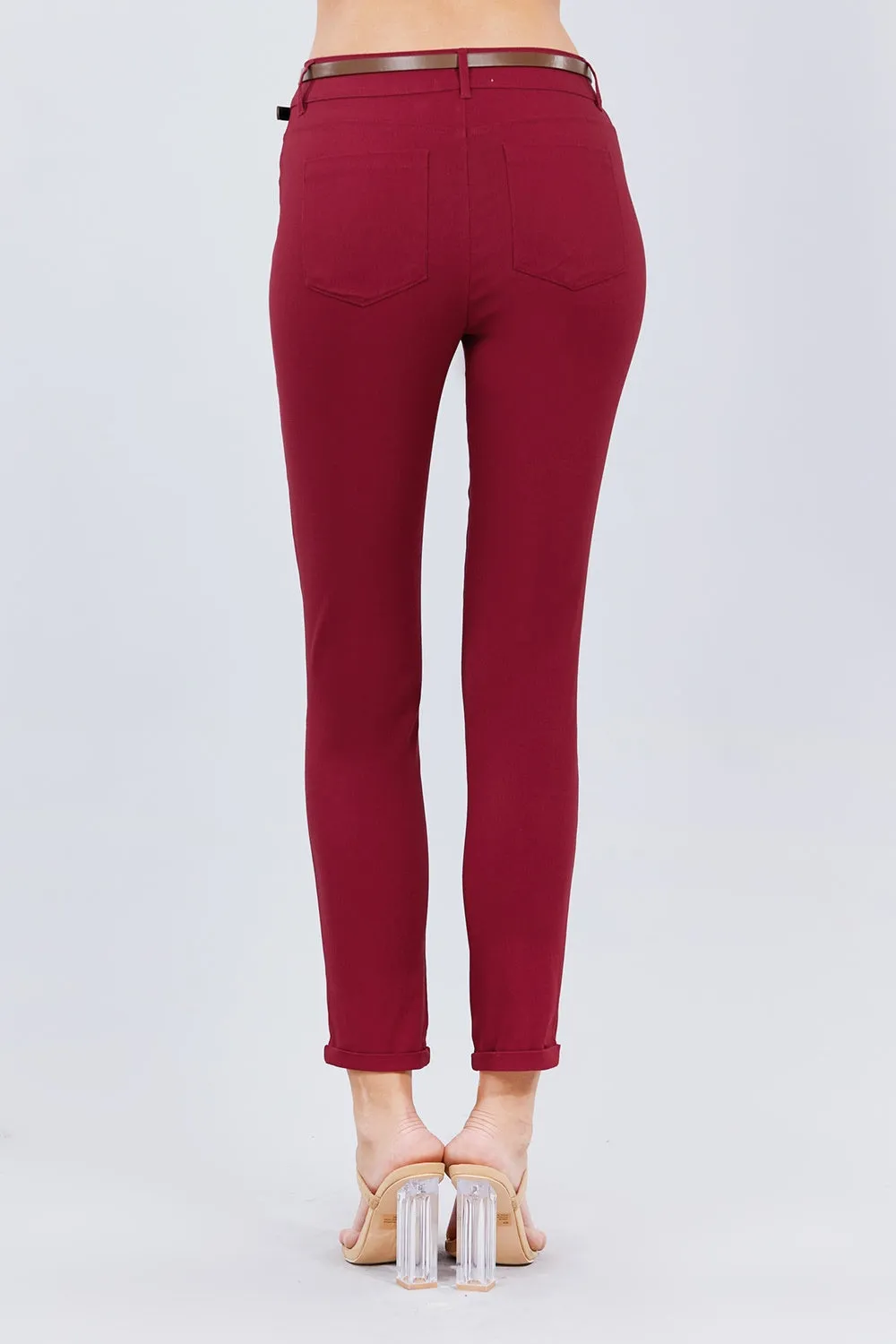 Belted Textured Long Pants in Burgundy