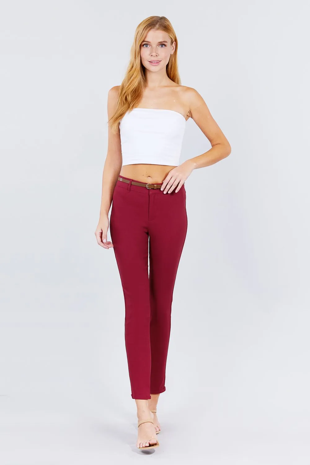 Belted Textured Long Pants in Burgundy