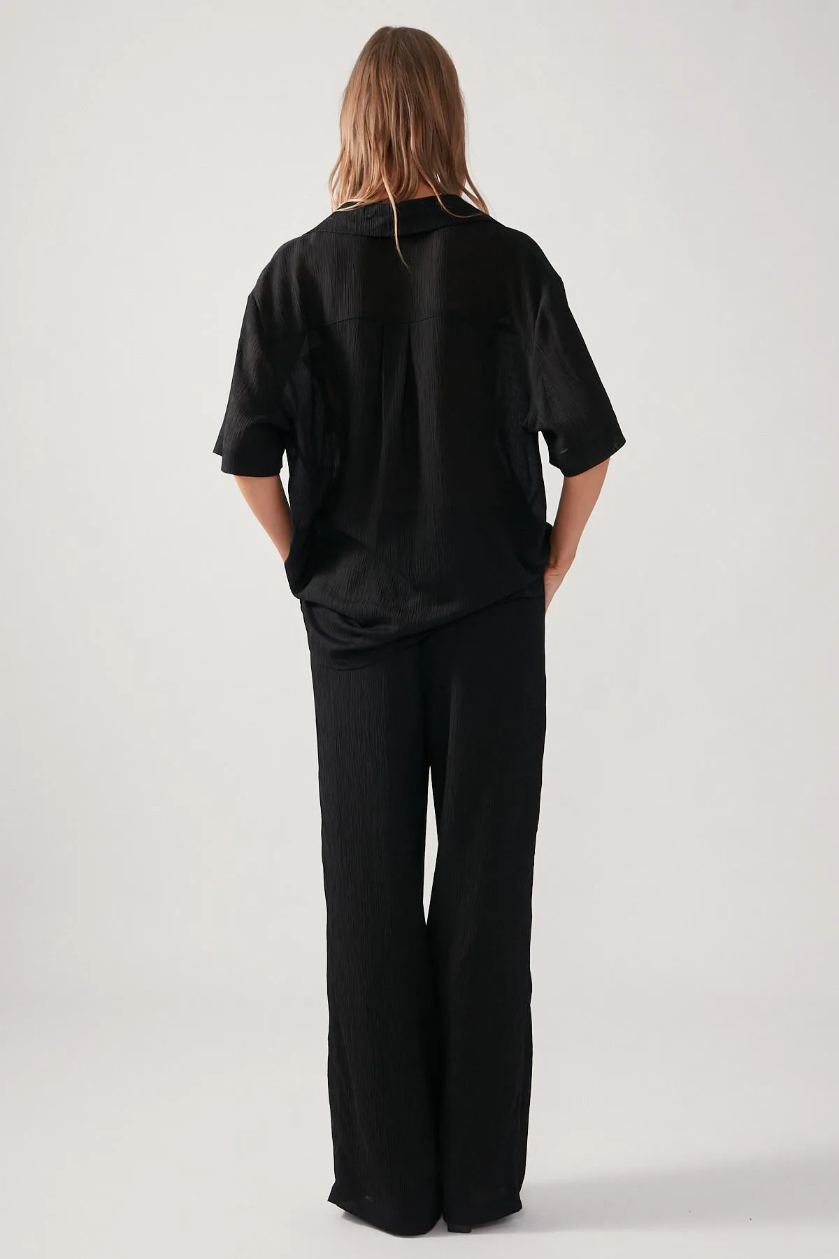 Black Textured Crinkle Pants