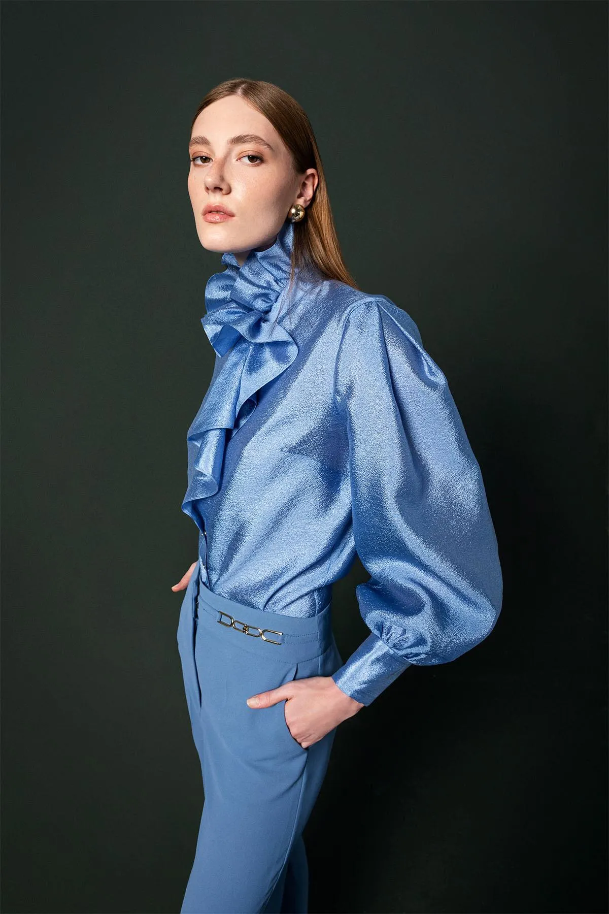 Blouse with Flounce in Front Blue