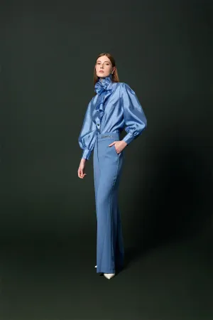 Blouse with Flounce in Front Blue