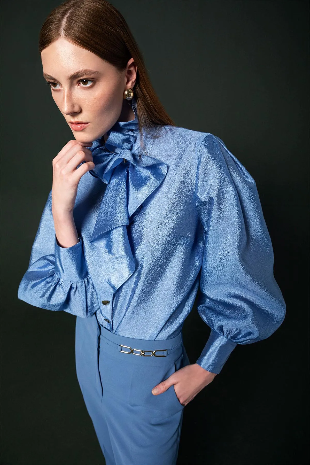 Blouse with Flounce in Front Blue