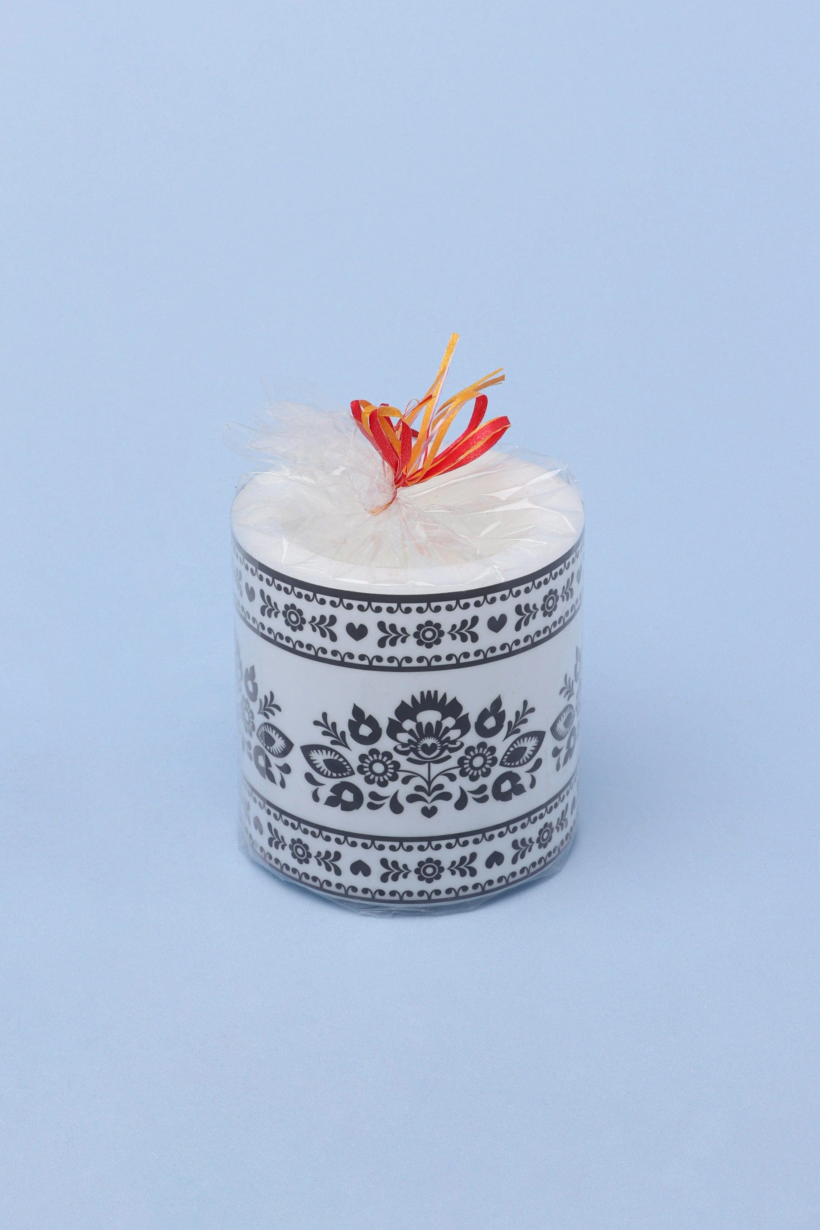 Bohemian White and Black Print Floral Pillar Candle