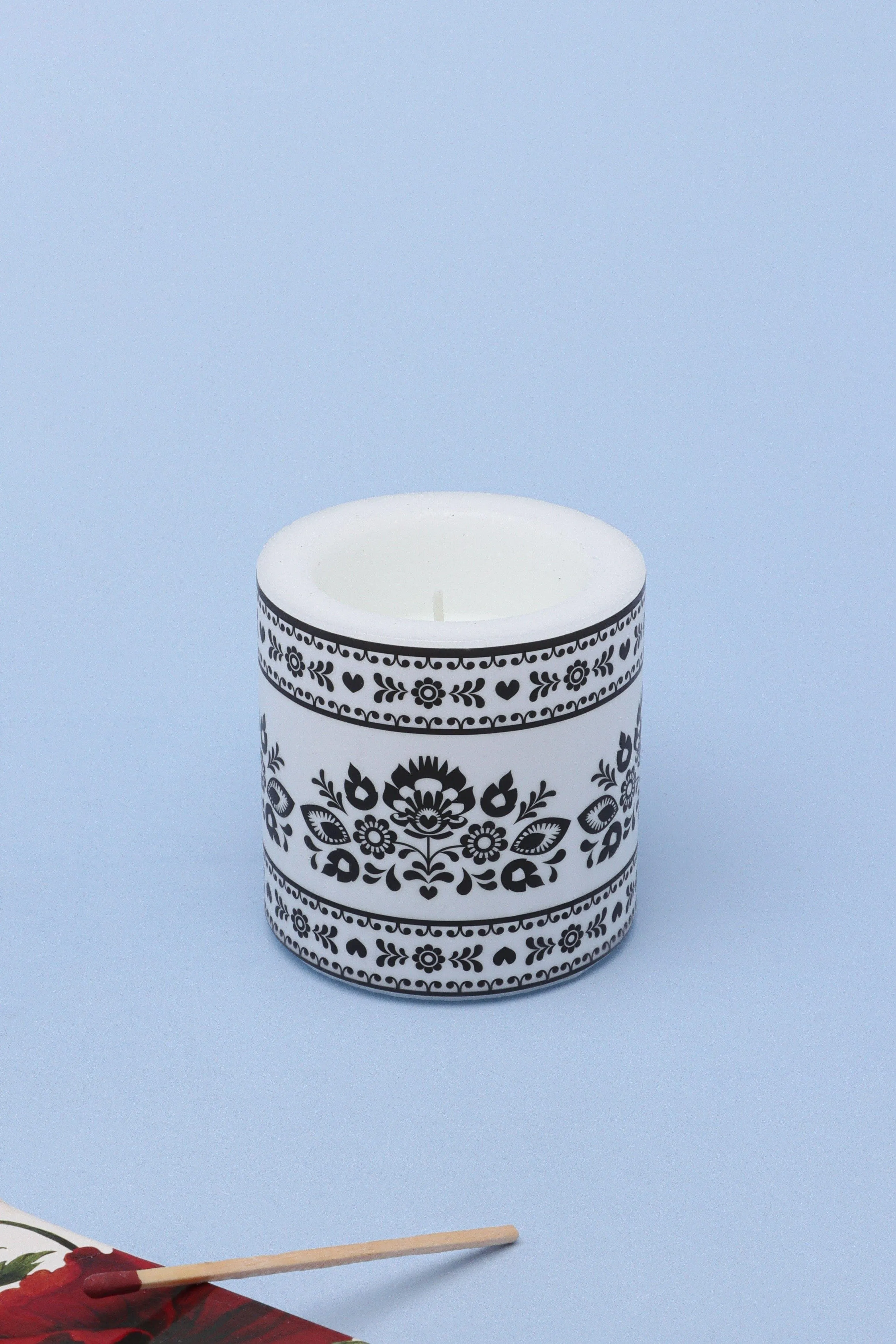 Bohemian White and Black Print Floral Pillar Candle