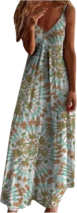 Boho Dresses for Women 2024 Casual Summer Sexy Spaghetti Strap Maxi Dress Sleeveless Beach Flowy Sundresses