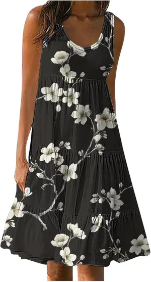 Boho Dresses for Women 2024 Plus Size Hawaii Printed Sleeveless Loose Fit Ruched Sun Dress Knee Length Beach Dress
