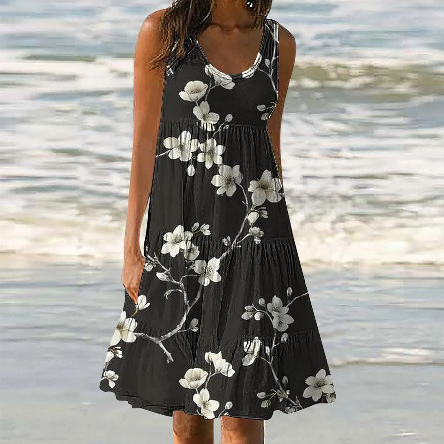 Boho Dresses for Women 2024 Plus Size Hawaii Printed Sleeveless Loose Fit Ruched Sun Dress Knee Length Beach Dress