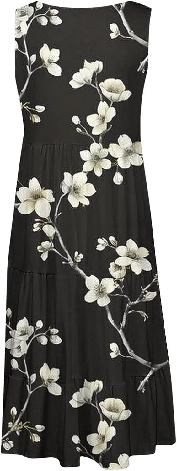 Boho Dresses for Women 2024 Plus Size Hawaii Printed Sleeveless Loose Fit Ruched Sun Dress Knee Length Beach Dress