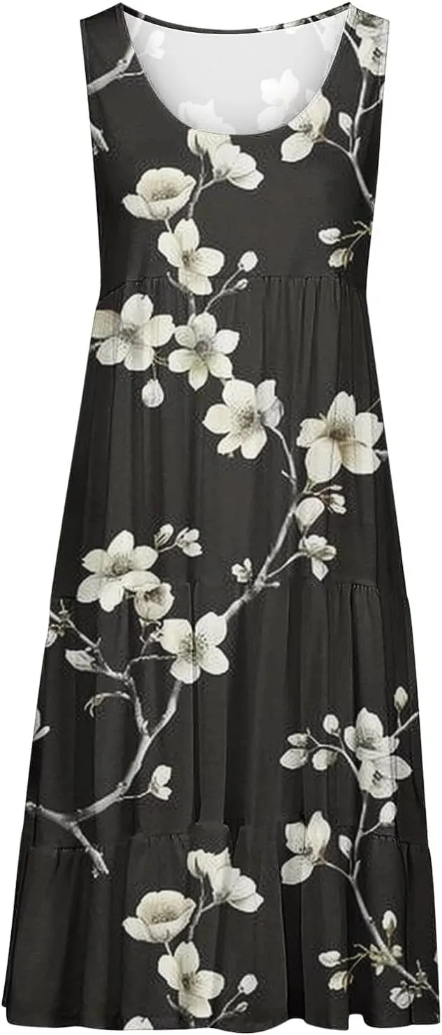 Boho Dresses for Women 2024 Plus Size Hawaii Printed Sleeveless Loose Fit Ruched Sun Dress Knee Length Beach Dress