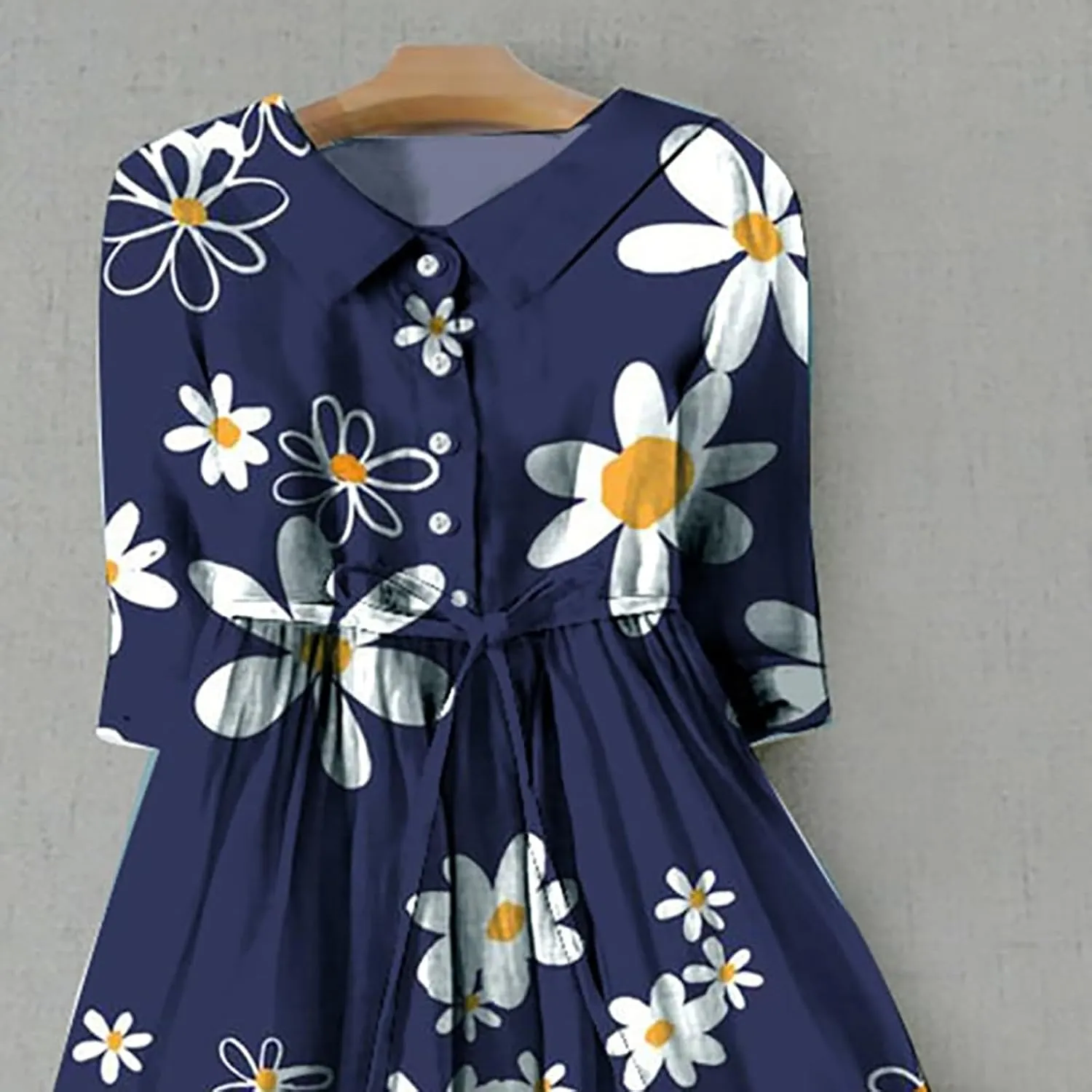 Boho Dresses for Women Linen Short Sleeve Lapel Collar Floral Midi Dress Button Lace-Up A Line Casual Flowy Outfits