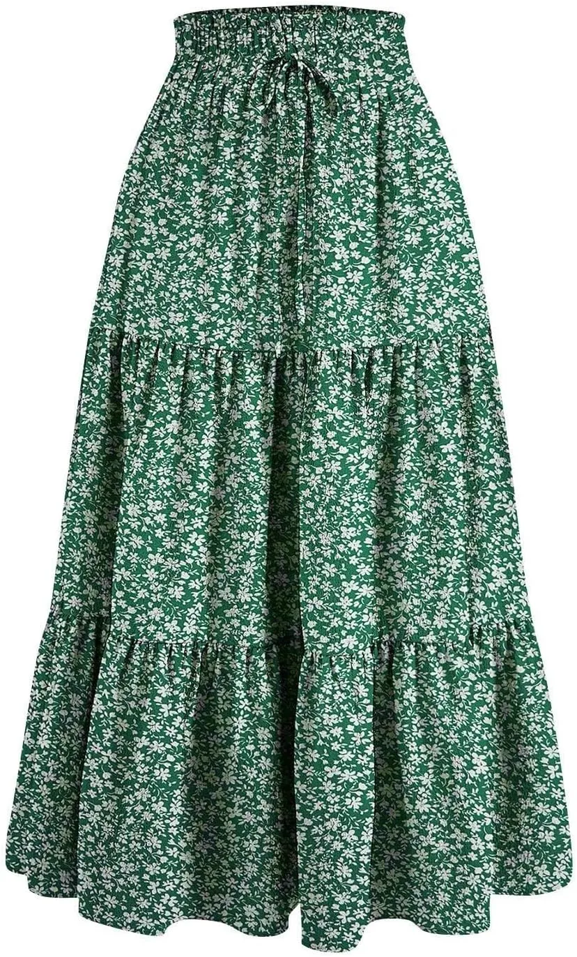 Boho Floral Maxi Skirts for Women Womens A-Line Pleated Long Skirts High Waisted Flowy Summer Dresses
