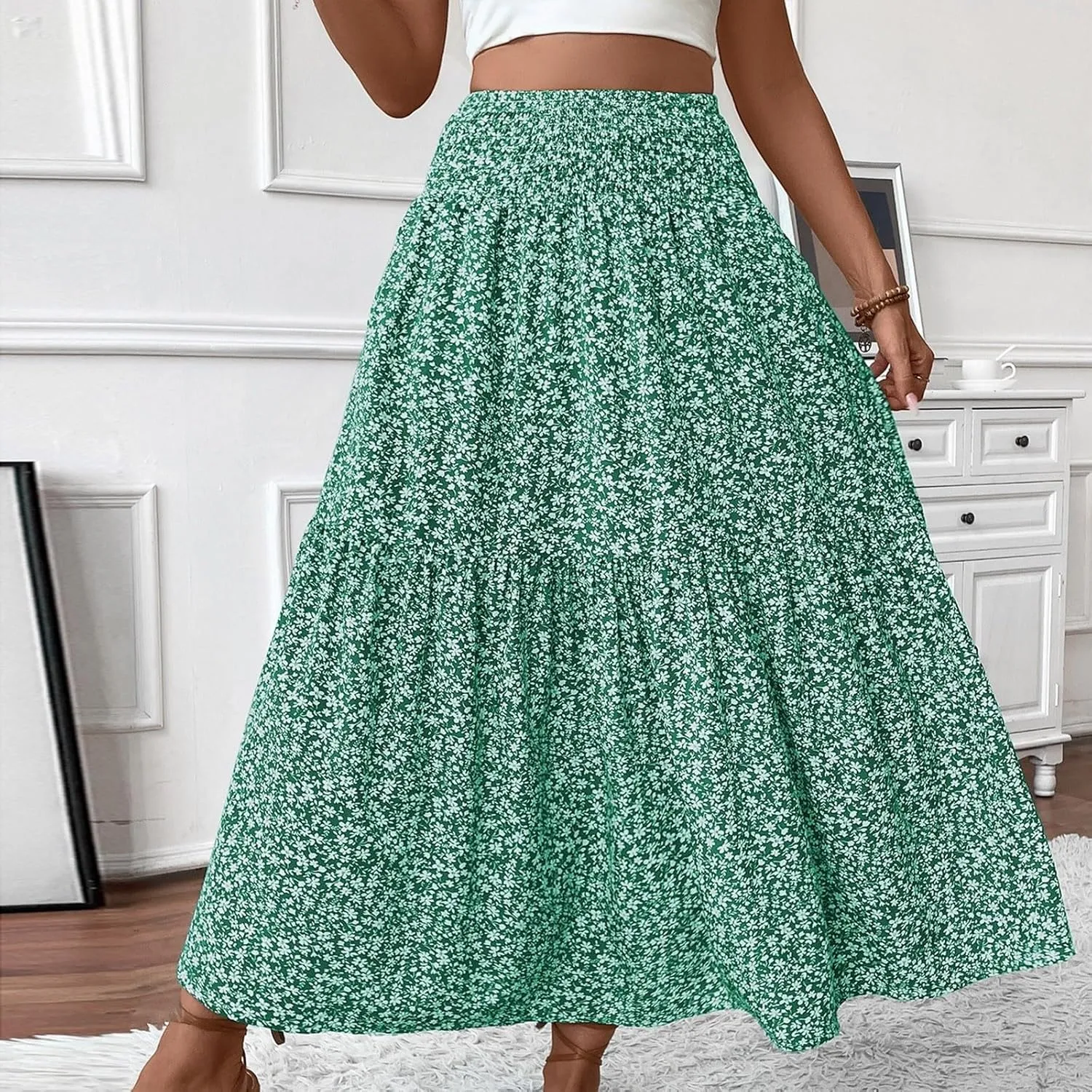 Boho Floral Summer Maxi Skirt Women Elastic High Waist Tiered Pleated Flowy Long Casual Beach Skirt
