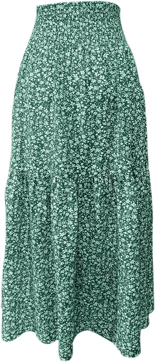 Boho Floral Summer Maxi Skirt Women Elastic High Waist Tiered Pleated Flowy Long Casual Beach Skirt