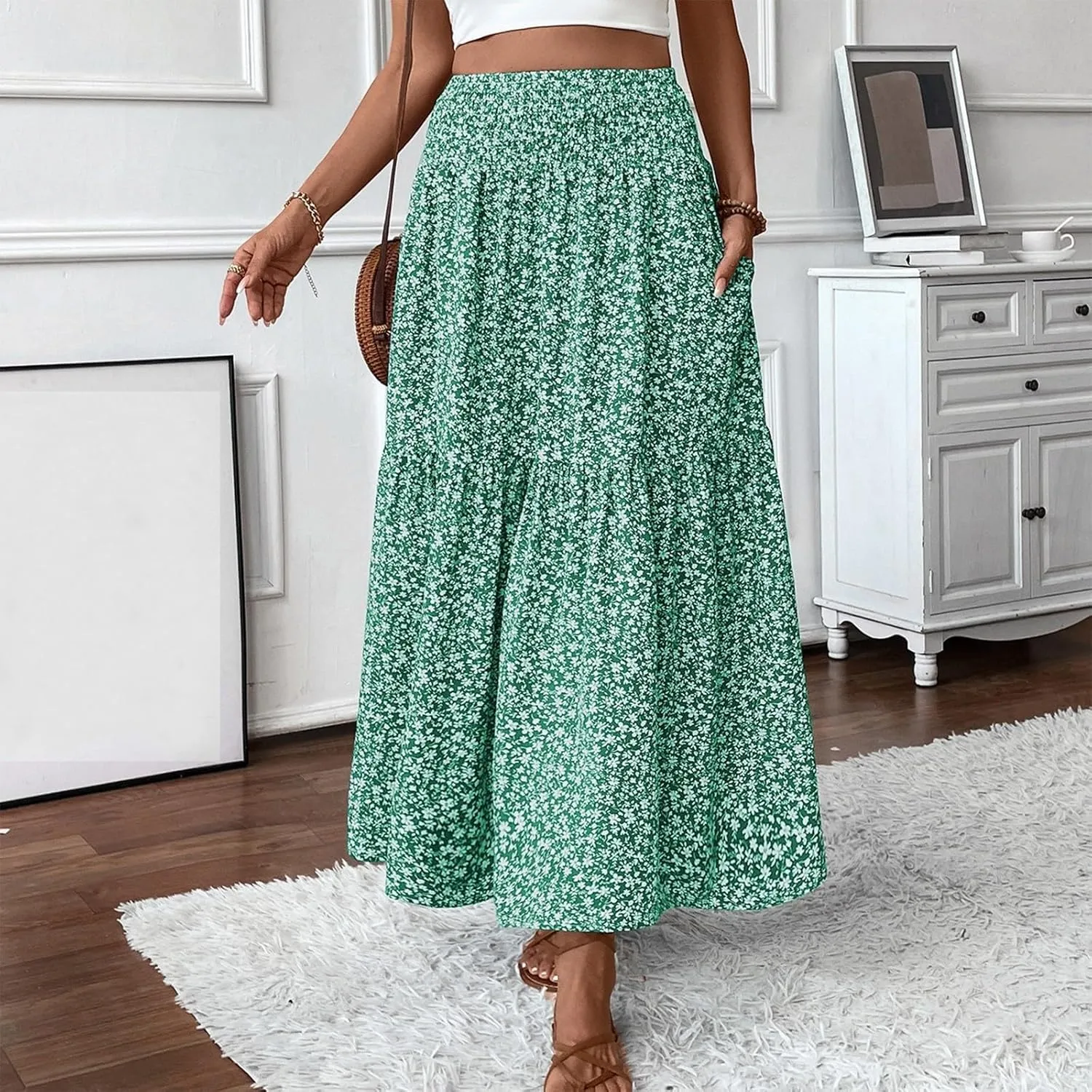 Boho Floral Summer Maxi Skirt Women Elastic High Waist Tiered Pleated Flowy Long Casual Beach Skirt