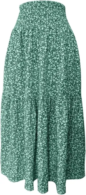 Boho Floral Summer Maxi Skirt Women Elastic High Waist Tiered Pleated Flowy Long Casual Beach Skirt
