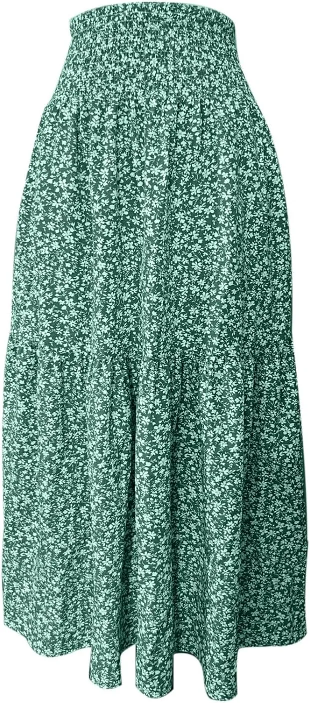 Boho Floral Summer Maxi Skirt Women Elastic High Waist Tiered Pleated Flowy Long Casual Beach Skirt