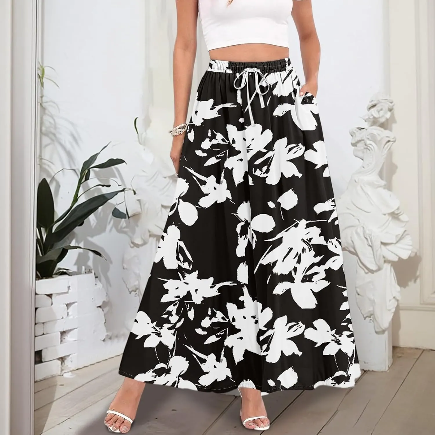 Boho Maxi Skirt for Women Summer Elastic High Waisted Casual Skirts Pleated A-Line Skirts Work Skirt Long with Pockets