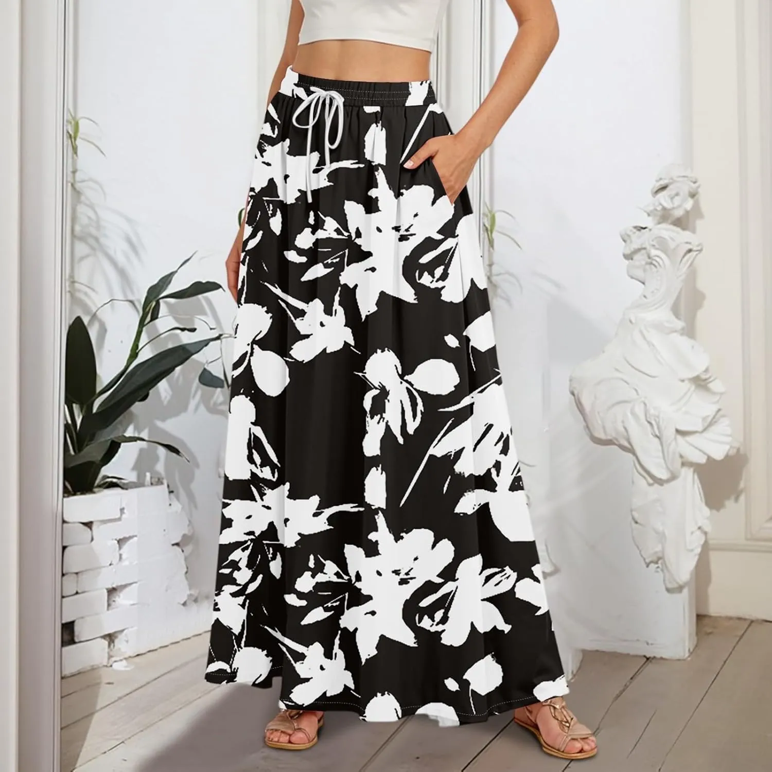 Boho Maxi Skirt for Women Summer Elastic High Waisted Casual Skirts Pleated A-Line Skirts Work Skirt Long with Pockets