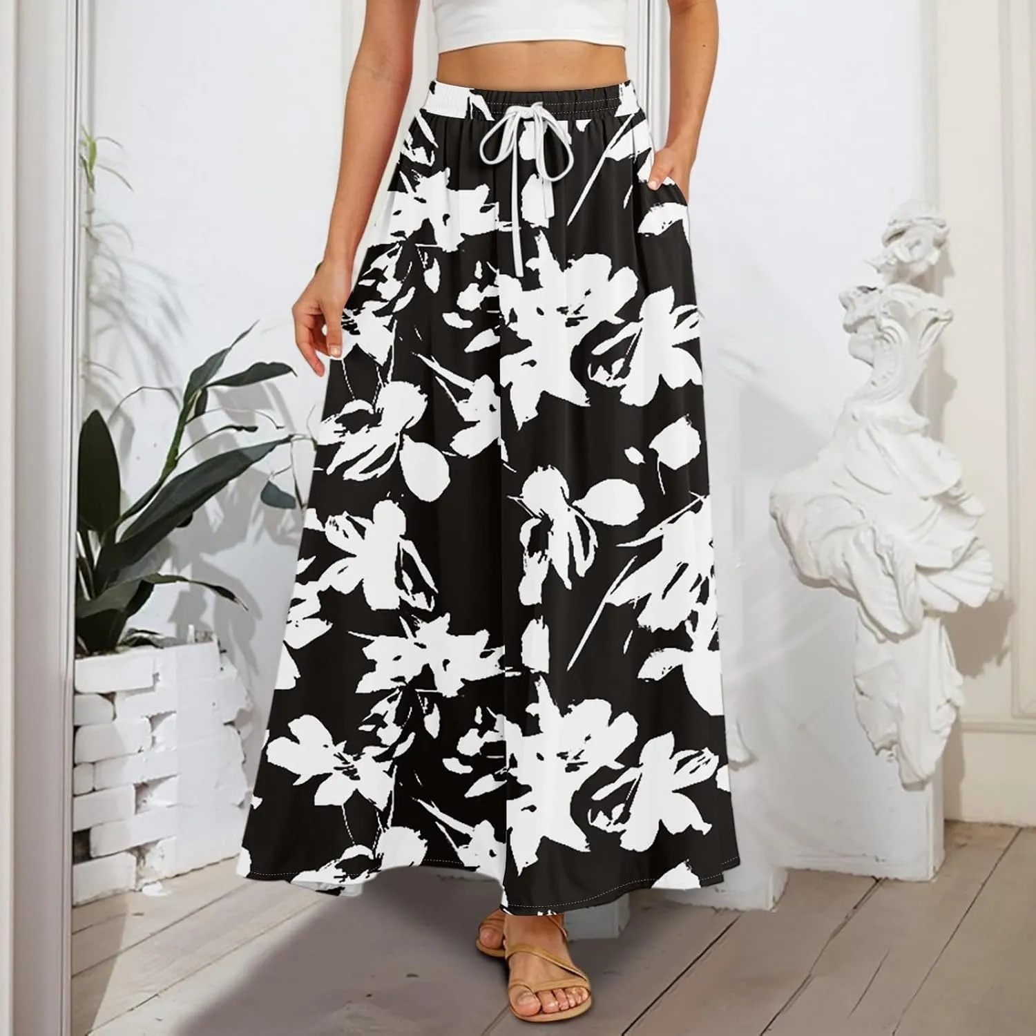 Boho Maxi Skirt for Women Summer Elastic High Waisted Casual Skirts Pleated A-Line Skirts Work Skirt Long with Pockets