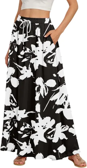 Boho Maxi Skirt for Women Summer Elastic High Waisted Casual Skirts Pleated A-Line Skirts Work Skirt Long with Pockets