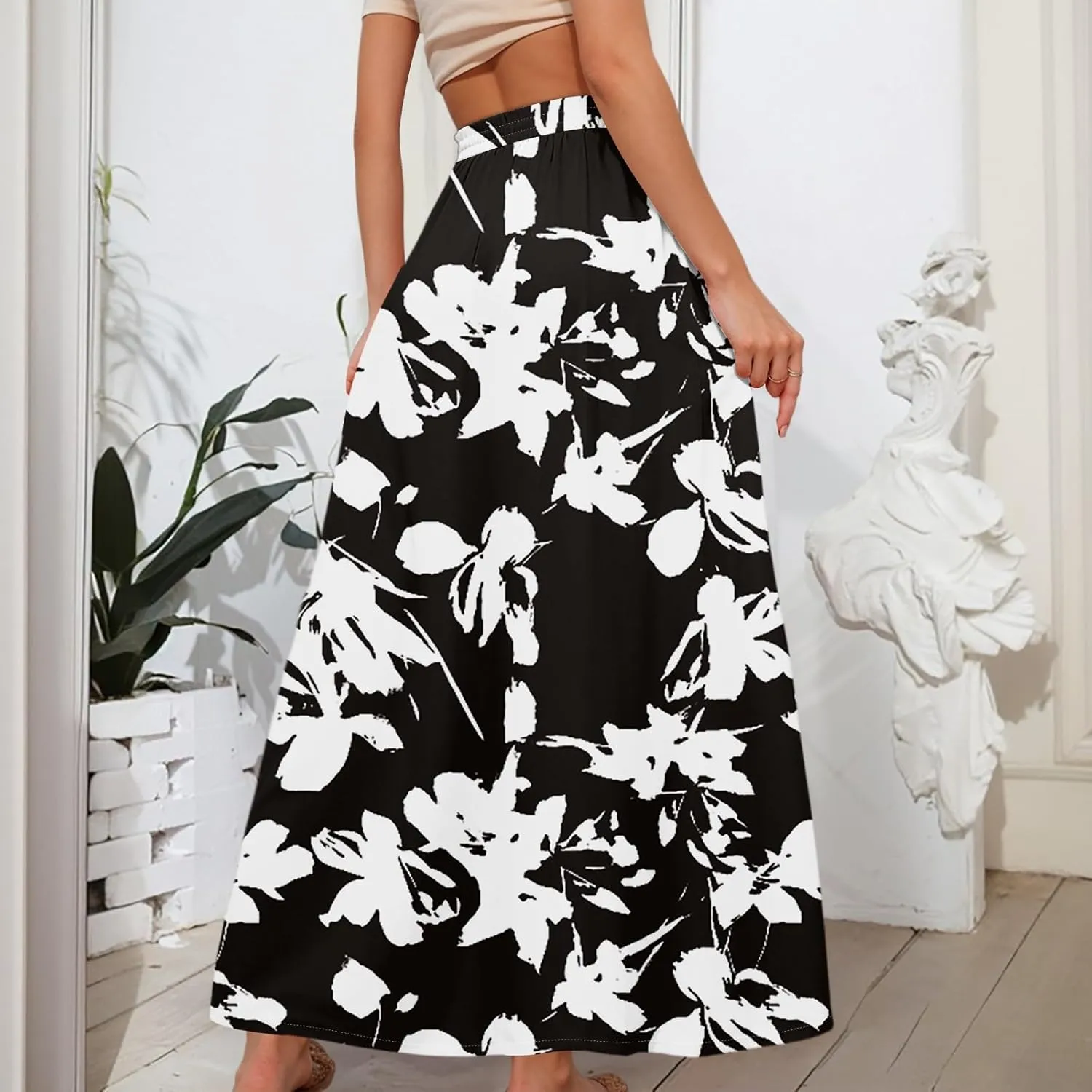 Boho Maxi Skirt for Women Summer Elastic High Waisted Casual Skirts Pleated A-Line Skirts Work Skirt Long with Pockets