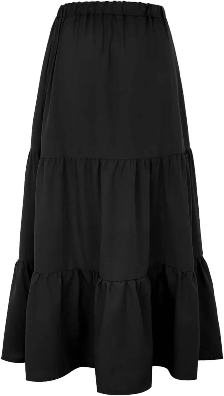 Boho Skirt Women Elastic High Waist Midi Skirt Flowy A Line Long Skirts Ruffle Swing Beach Maxi Pleated Skirts