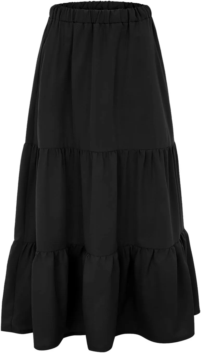 Boho Skirt Women Elastic High Waist Midi Skirt Flowy A Line Long Skirts Ruffle Swing Beach Maxi Pleated Skirts