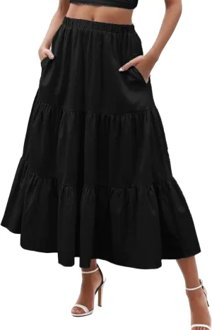 Boho Skirt Women Elastic High Waist Midi Skirt Flowy A Line Long Skirts Ruffle Swing Beach Maxi Pleated Skirts