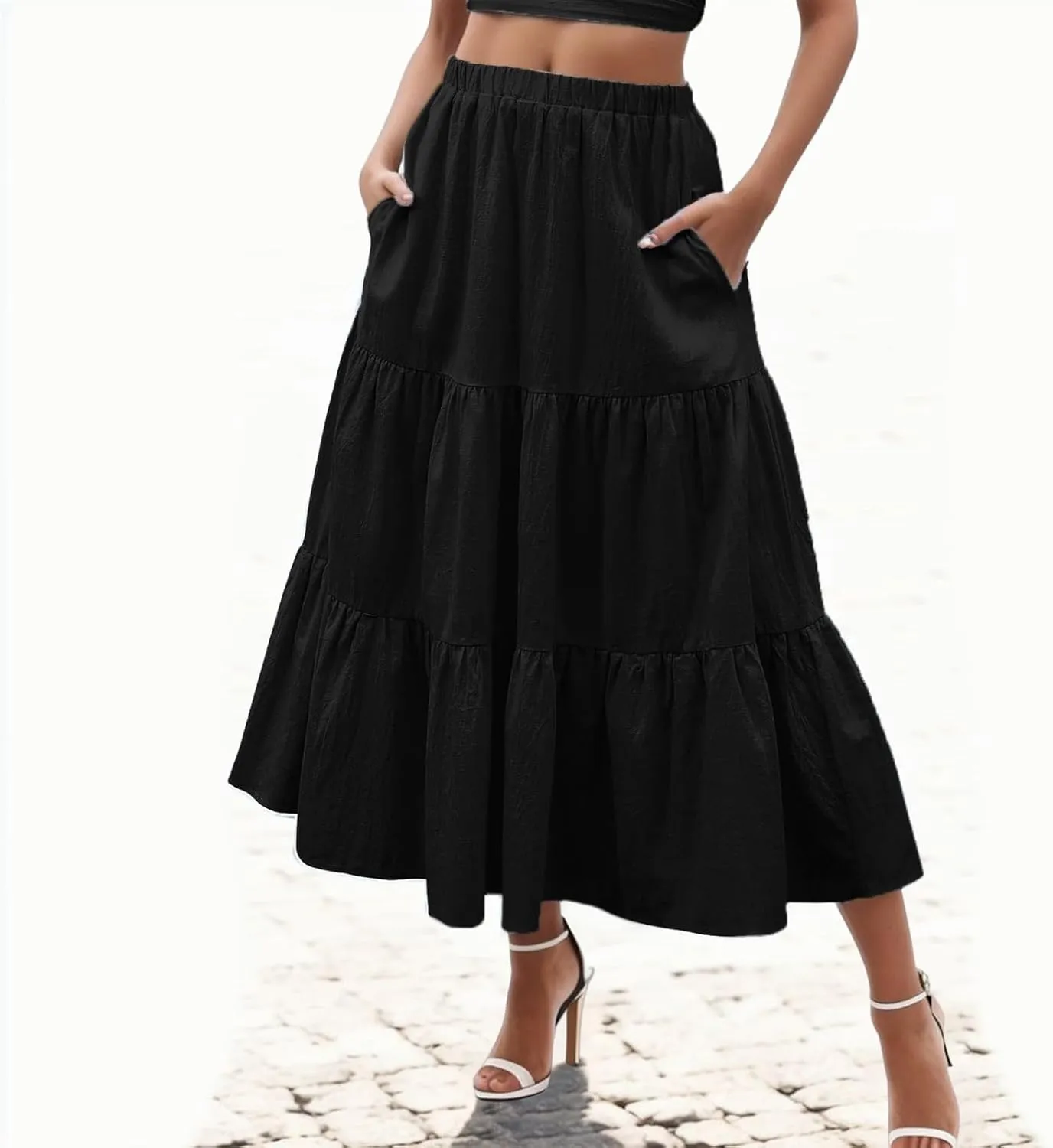Boho Skirt Women Elastic High Waist Midi Skirt Flowy A Line Long Skirts Ruffle Swing Beach Maxi Pleated Skirts