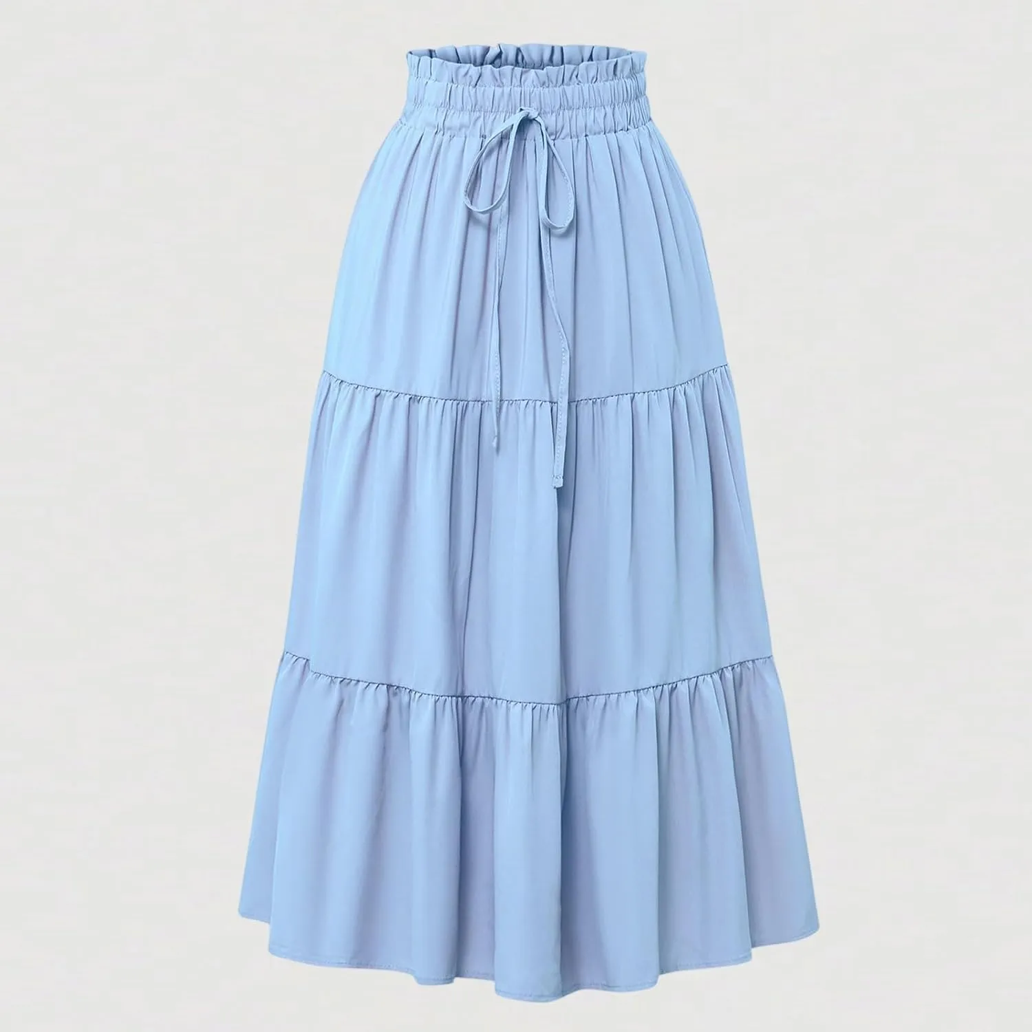 Boho Skirts for Women Drawstring Elastic High Waisted Summer Midi Skirt Work A Line Tiered Pleated Skirts Knee Length