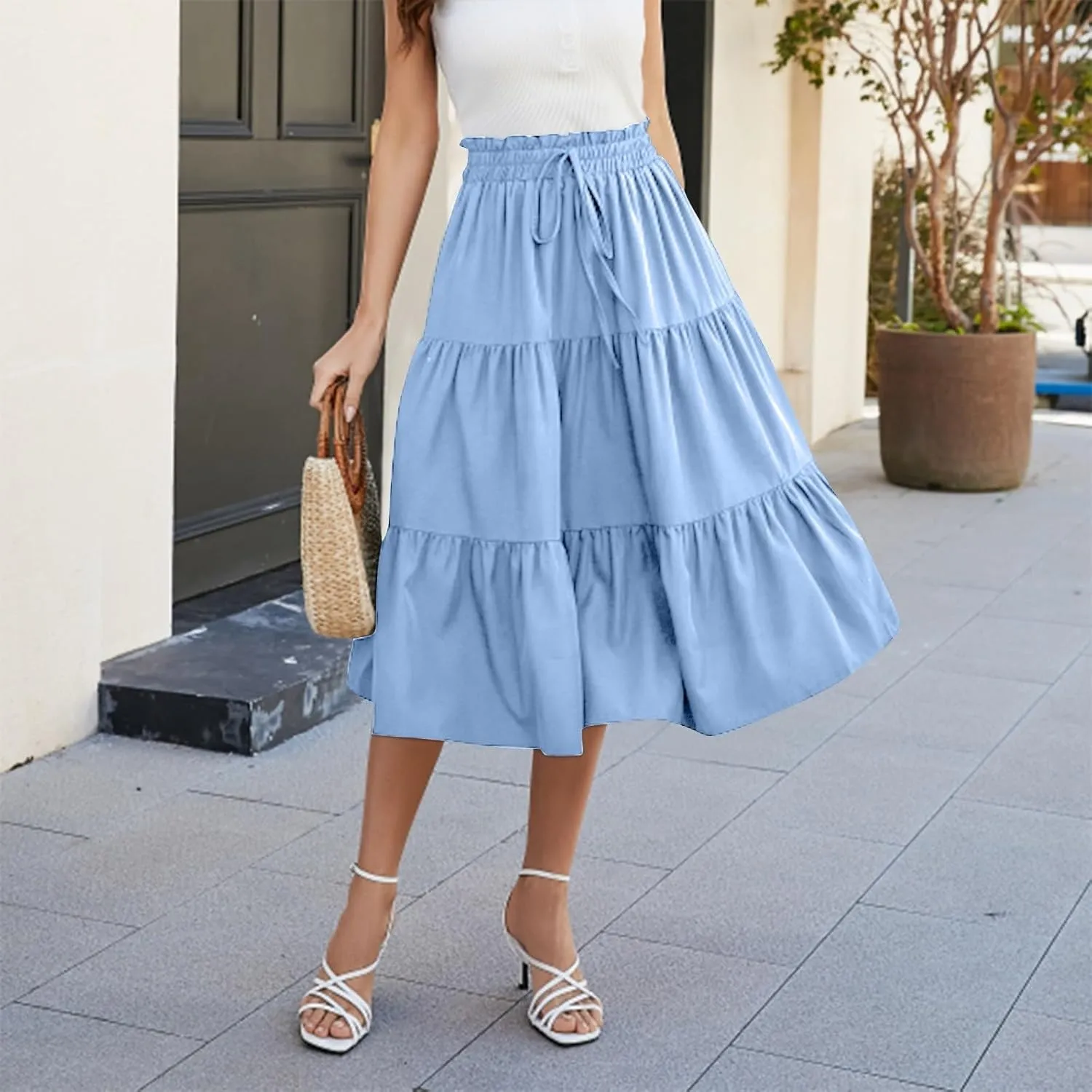 Boho Skirts for Women Drawstring Elastic High Waisted Summer Midi Skirt Work A Line Tiered Pleated Skirts Knee Length
