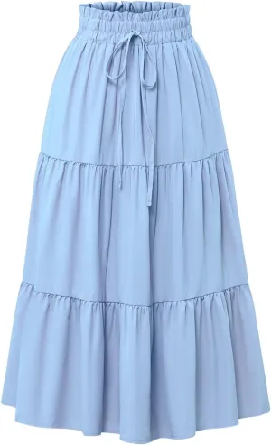 Boho Skirts for Women Drawstring Elastic High Waisted Summer Midi Skirt Work A Line Tiered Pleated Skirts Knee Length