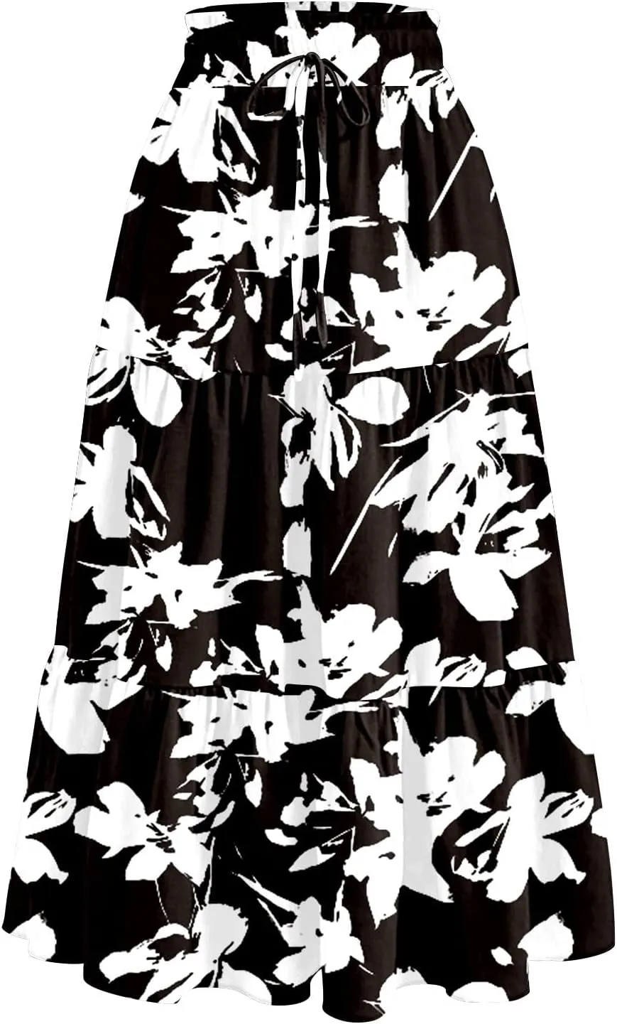 Boho Skirts for Women Floral Pleated Summer Skirt Tummy Control Elegant Dress Vacation Holiday Spring Outfits