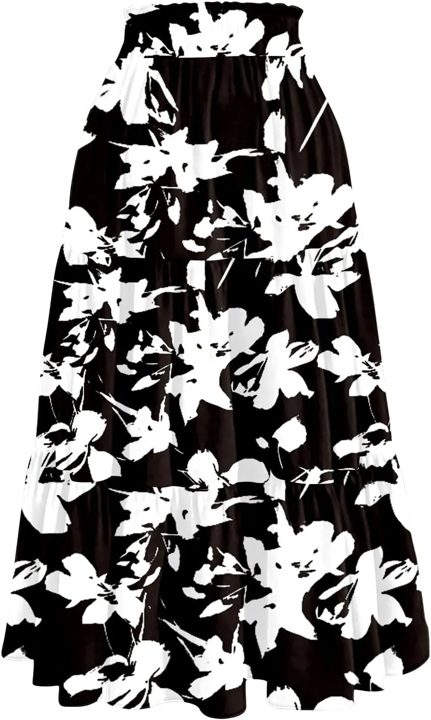 Boho Skirts for Women Floral Pleated Summer Skirt Tummy Control Elegant Dress Vacation Holiday Spring Outfits
