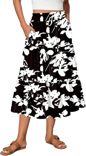Boho Skirts for Women Floral Pleated Summer Skirt Tummy Control Elegant Dress Vacation Holiday Spring Outfits